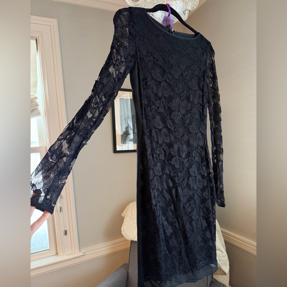 NWOT Diane Von Furstenberg Black Floral Lace Dress long sleeve silk lining